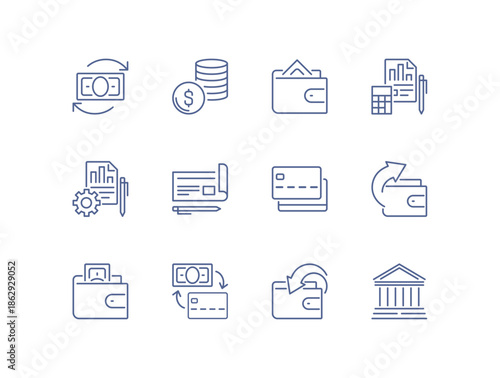 Minimal finance and payment line icon set including wallet, money transfer, credit card, banking document, invoice, accounting report and financial transaction symbols linear flat vector illustration.