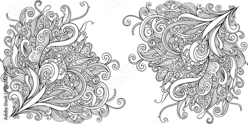 Intricate floral patterns with swirling lines and leaves in elegant detailed designs