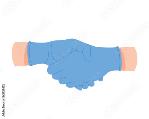 Handshake of doctors, nurses in blue sterile gloves shake hands vector illustration