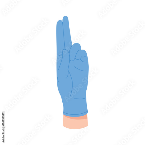 Doctors hand in protective blue glove raising index and middle fingers up vector illustration