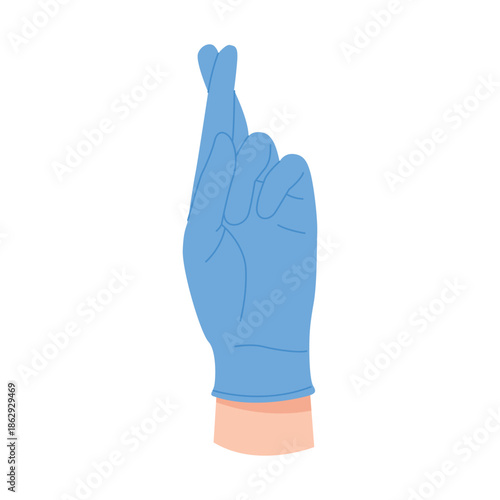 Hand of doctor in protective rubber blue glove crossed fingers in superstition vector illustration