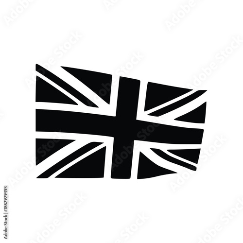 Stylized black and white Union Jack flag waving, representing the United Kingdom.