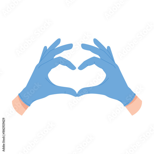 Doctors in nitrile gloves holding hands in love sign, fingers make heart vector illustration