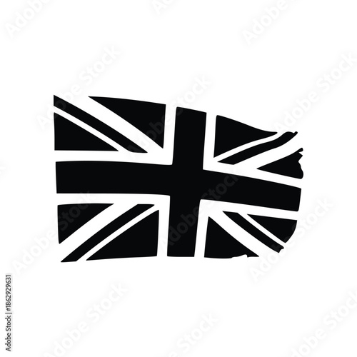 A black and white stylized Union Jack flag waving, representing the United Kingdom's national identity and heritage.