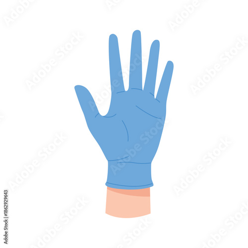 Hand of doctor in latex sterile blue glove, raised open palm vector illustration