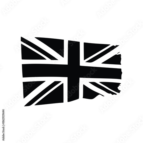 A stylized black and white illustration of the Union Jack flag, representing the United Kingdom.