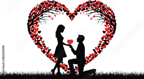 Man proposing to woman with heart shaped tree in romantic gesture