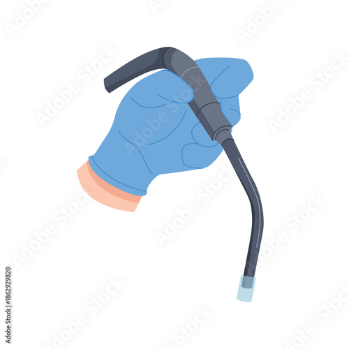 Dentist hand in rubber glove holding suction dental device vector illustration