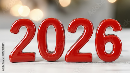 Red Glossy 2026 New Year Numbers 3D Render with Holiday Celebration Theme Bokeh Light Effect Background.