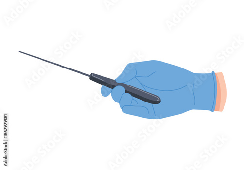 Surgeon or nurse hand in latex sterile glove holding surgical instrument vector illustration