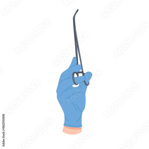 Surgeon or nurse hand in disposable blue glove holding long angled tweezers vector illustration