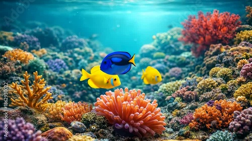Vibrant Coral Reef Scene with Blue Tang and Yellow Fish Swimming Underwater