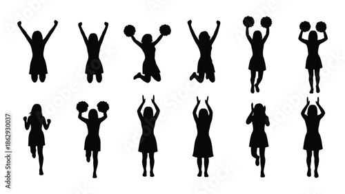 Silhouette collection of diverse cheerleaders in dynamic and energetic poses