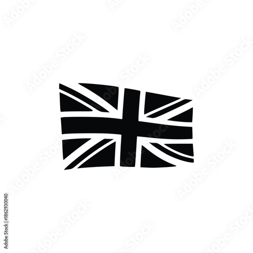 Stylized black and white illustration of the United Kingdom's Union Jack flag with a wavy, distressed appearance on a white background.