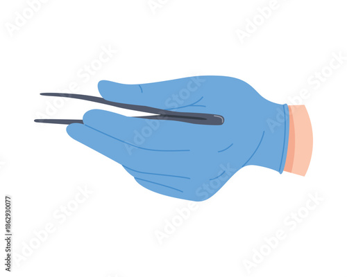 Surgeon hand in plastic glove operating with surgical instrument, holding tweezers vector illustration