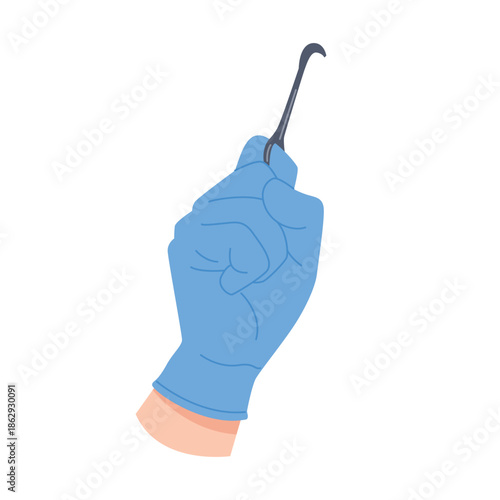 Surgeon or nurse hand in disposable glove holding surgical instrument with hook vector illustration