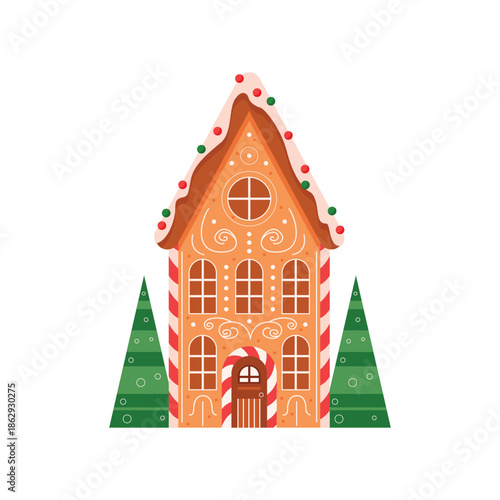 Winter gingerbread house. Traditional Christmas cookie, holiday winter bakery flat vector illustration