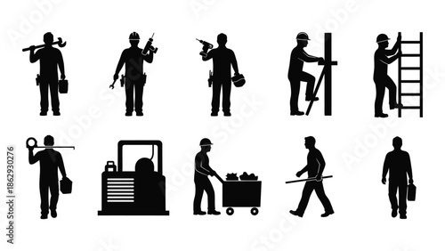 Various silhouettes of workers performing different construction and manual labor jobs