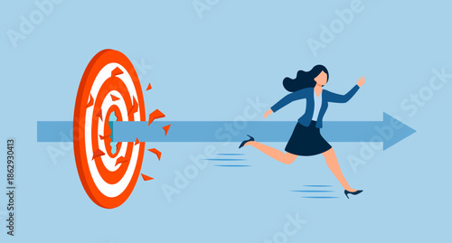 Businesswoman running, rushing forward and breaking target archery to Successful. Business plan, Market targeting, Target with an arrows, and achieve target goals achievement concept vector