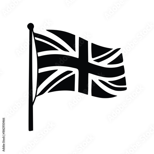 A black and white illustration of the United Kingdom's Union Jack flag waving on a flagpole against a white background.