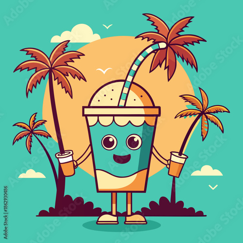 Cheerful cartoon smoothie character enjoying tropical paradise