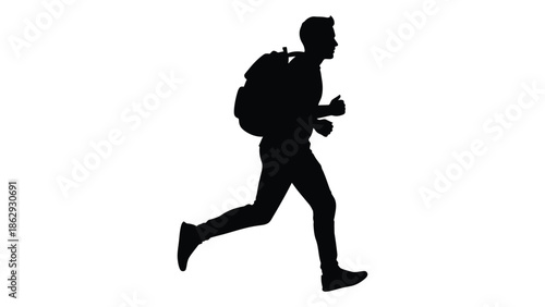 Silhouette of a man running with a backpack against a white background