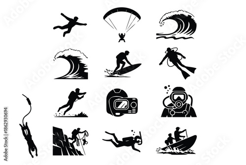 Collection of adventure sports icons isolated on white background, Vector, illustration