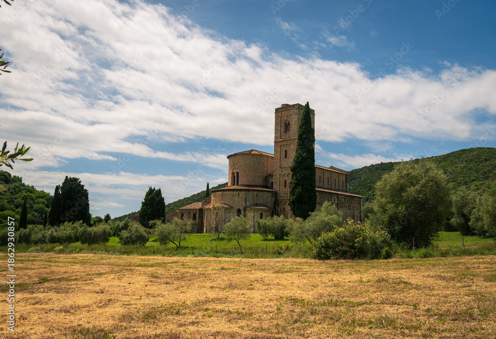 Fototapeta premium View of the Abbey of Sant'Antimo, Castelnuovo dell'Abate, province of Siena, Italy.