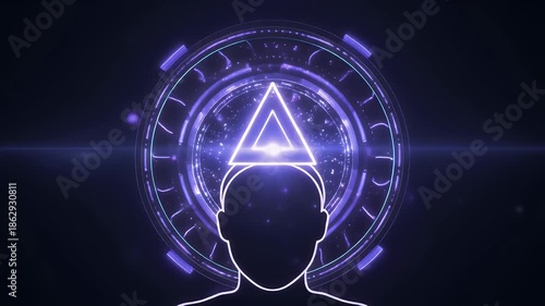 Exploring the enlightened mind concept within a futuristic digital realm, manifesting abstract wisdom and innovative ideas through geometric precision and glowing energy