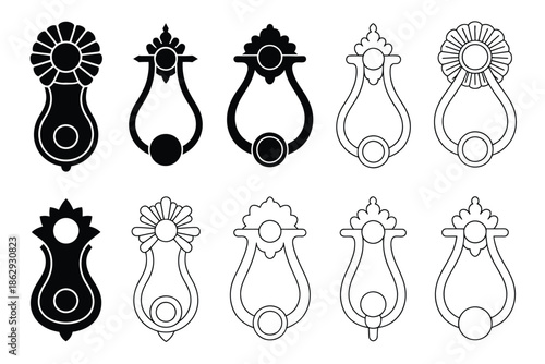 Collection of ornate door knockers isolated on white background, Vector, illustration