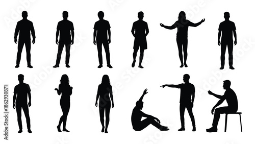 Silhouettes of diverse people in various poses and positions arranged together