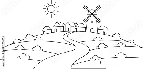 Quaint village scene with windmill and sunny landscape