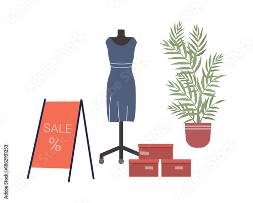 Fashion store equipment on seasonal sales, mannequin and boxes with shoes vector illustration