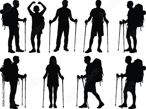 Silhouettes of hikers with trekking poles isolated on white background, Vector, illustration