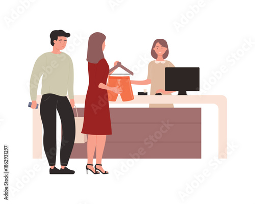 Husband and wife paying for clothes at cashier counter, woman holding hanger with shorts vector illustration