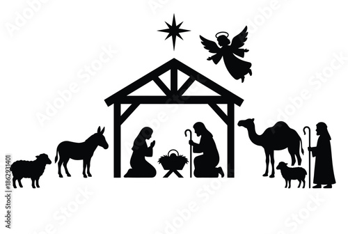 Silhouette nativity scene isolated on white background, Vector, illustration