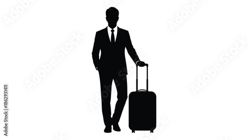 Silhouette of a businessman with a rolling suitcase on a white background