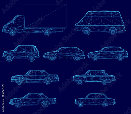 Blueprint wireframe set of cars and trucks arranged in a neat grid pattern. Each vehicle features distinct headlights, grilles, and wheels against a solid blue background. Side view