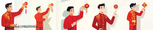 vector of man installing Chinese New Year accessory decorations