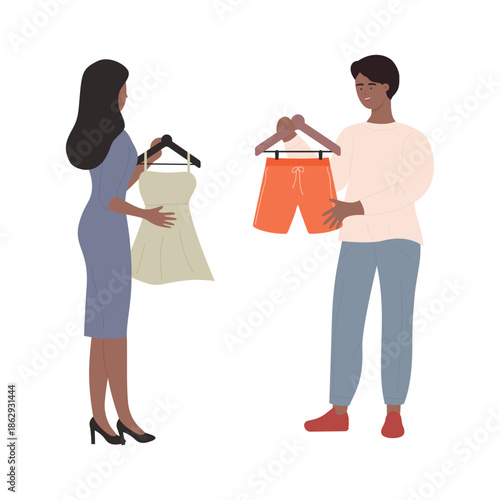 Man and woman holding hangers of clothes, husband and wife choose garments to buy at store vector illustration