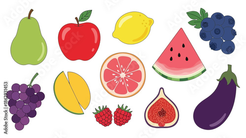Vibrant Assortment of Fresh Fruits and Vegetable Illustration on White Background