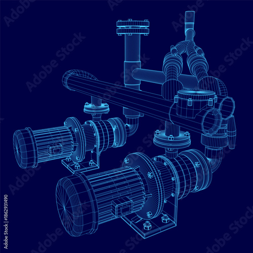 A 3D wireframe model of an electric centrifugal pump, featuring detailed pistons, valves, and internal components on a solid blue background.