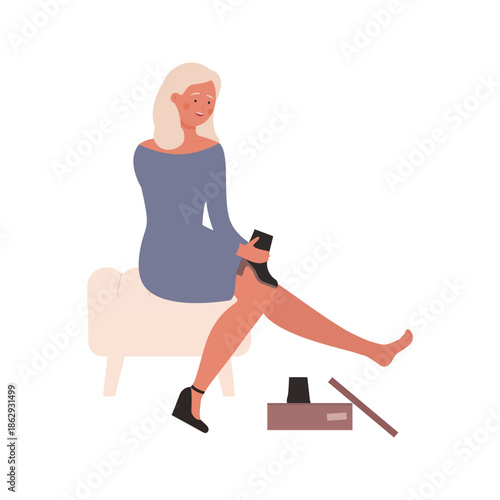 Woman sitting on chair in fashion store to try on new autumn boots on seasonal sales vector illustration