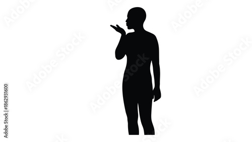Silhouette of a woman making a blowing kiss gesture against a white background