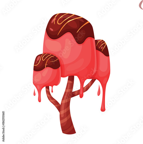Candy and chocolate fantasy tree with sweet glaze drops melt vector illustration