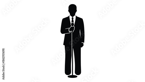 A silhouette of a man in a suit speaking into a microphone