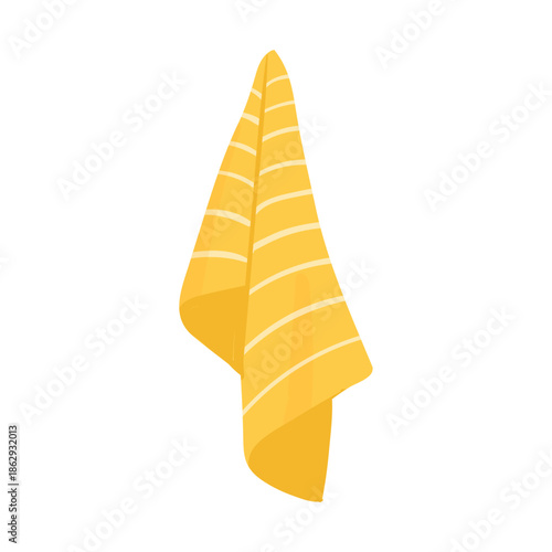 Hanging yellow towel with white stripes, home bathroom or kitchen napkin vector illustration