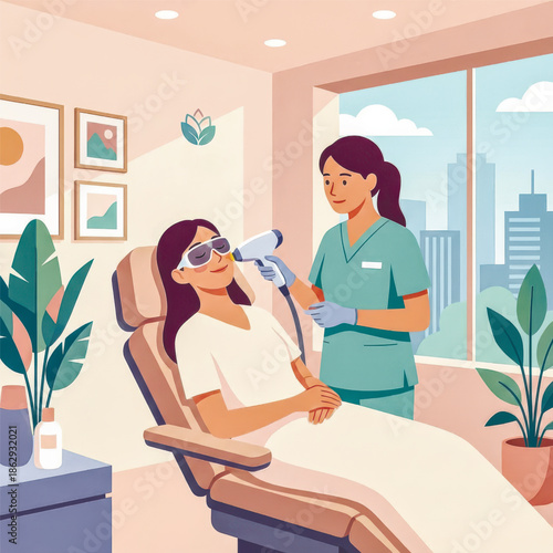 Woman receiving professional laser skin treatment in modern dermatology clinic with calming interior, city view, and experienced aesthetician . Vector illustration