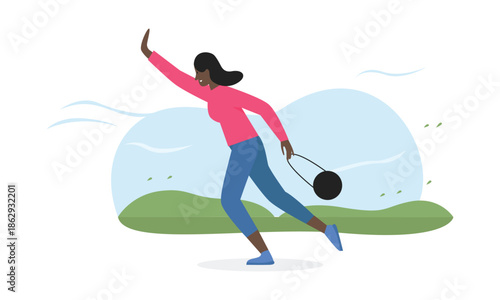 Girl walking in windy weather, womans walk through storm and high winds vector illustration