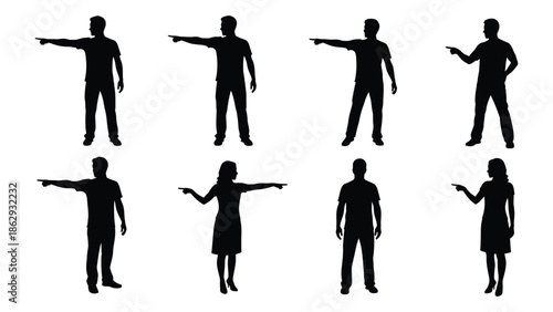 Silhouettes of people pointing with arms outstretched in various directions